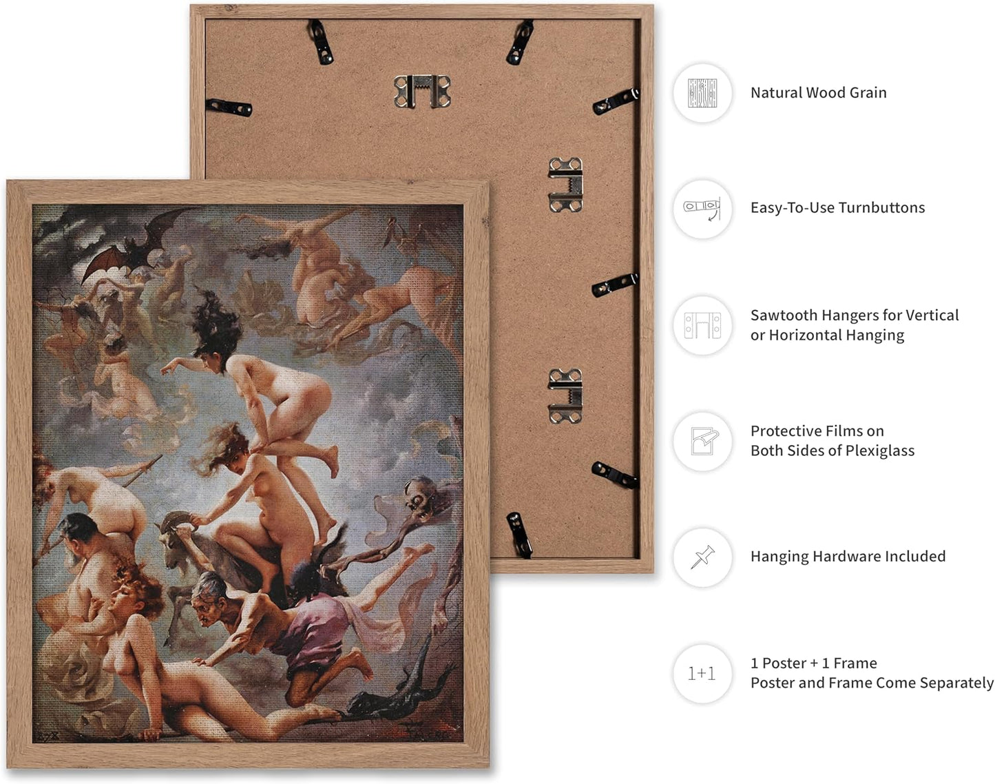 Poster Master Vintage Luis Ricardo Falero Poster - Retro Occult Print - Gift for Gothic, Horror Fan - Witches Going to their Sabbath, Pagan - Wall Decor for Bedroom, Dorm, 11x14 Beige Framed