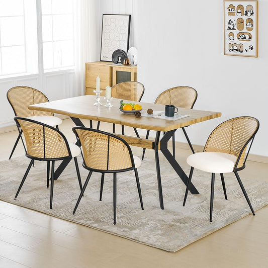 Dining Chairs Set of 6, Mid Century Modern Dining Room Chairs with Rattan Back, Faux Leather Kitchen Dining Chairs Farmhouse Armless Mesh Cane Back Side Chairs with Metal Legs, White