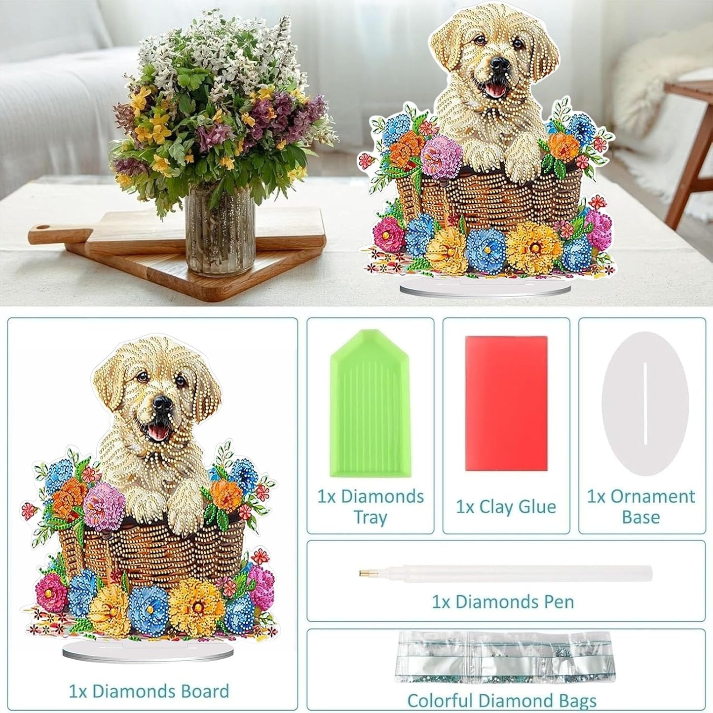 Diamond Painting Kits for Adults Beginners, 5D Full Drill Dog Crystal Art Desktop Ornament, DIY Single Sided Home Office Desk Decor, Creative Craft Gift Set with Tools