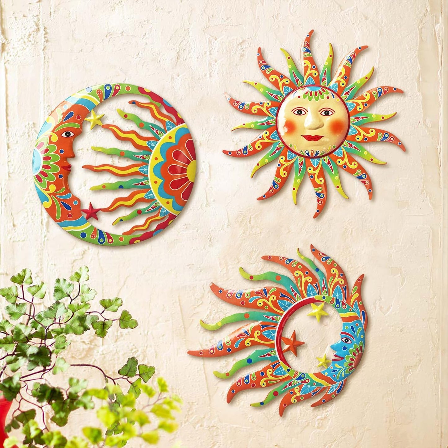 Limygus 3D Print Sun Wall Hanging, Wall Sculpture, Metal Wall Art Indoor/Outdoor Decor - 9” Colorful Rustproof Wall Sculpture - Ideal for Bedrooms, Gardens, Homes, Patios and Farmhouses, Set of 3