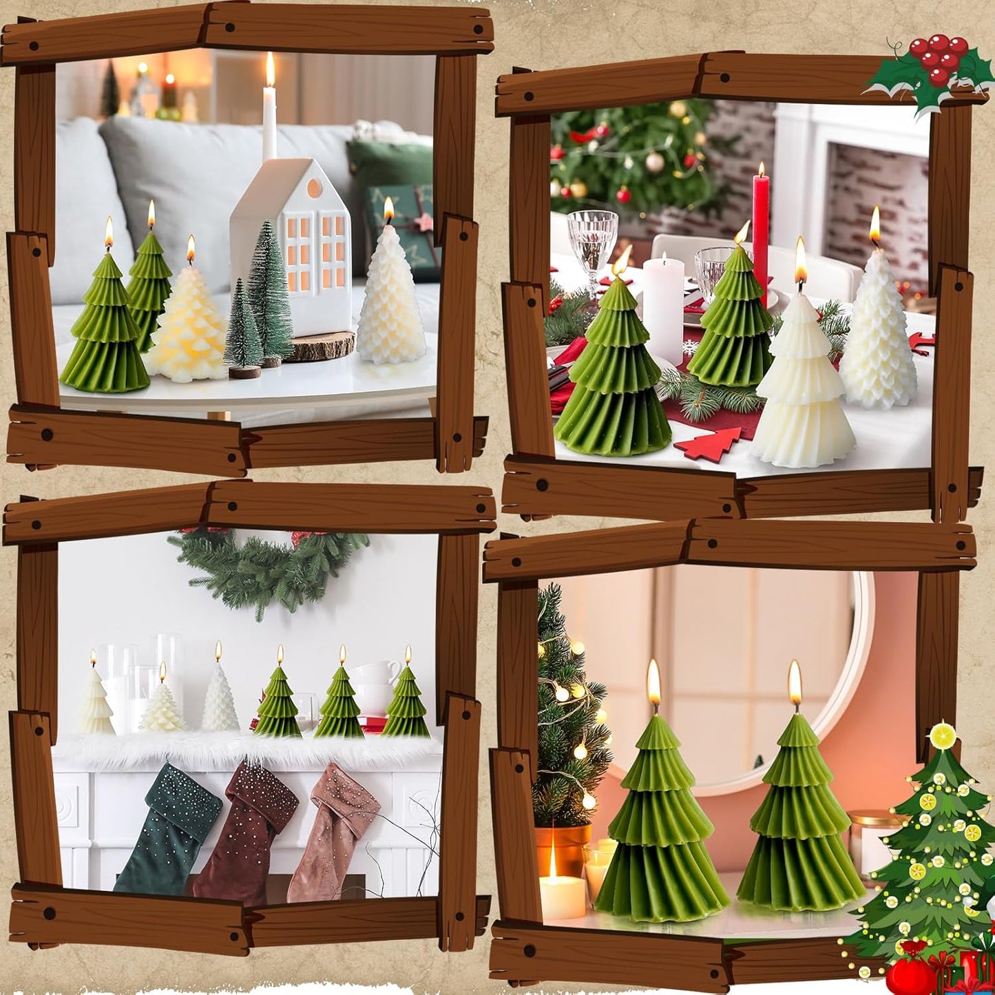 6 Pcs Christmas Tree Shaped Candles Xmas Wax Scented Candles White Green Decorative Christmas Tree Gifts for Xmas Eve Winter Holiday Party New Year Bedroom Room Table Decor, 4 Classic Styles