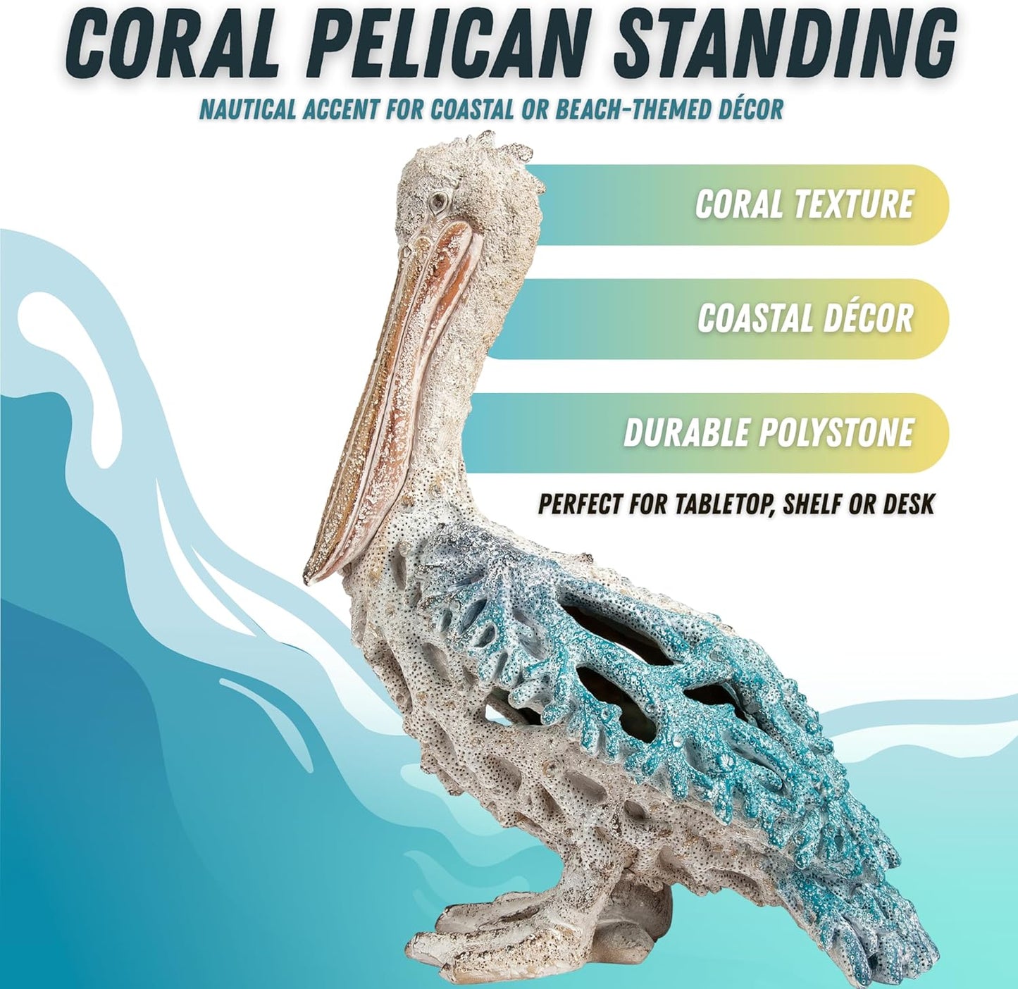 Blue Pelican Standing Figurine 13.75” Coastal Coral Reef Home Decor Nautical Beach Statue for Tabletop Shelf or Mantel Ocean Inspired Room Accents