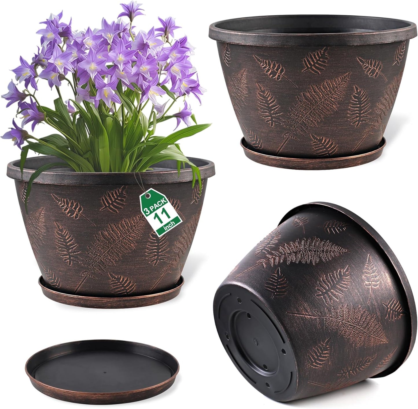 11 inch Plant Pot, 3 Pack Large Pots for Plants, Flower Pots with Drainage Hole & Saucer, Modern Planters for Indoor Outdoor Plants, Decorative Plastic Garden Pots (Copper)