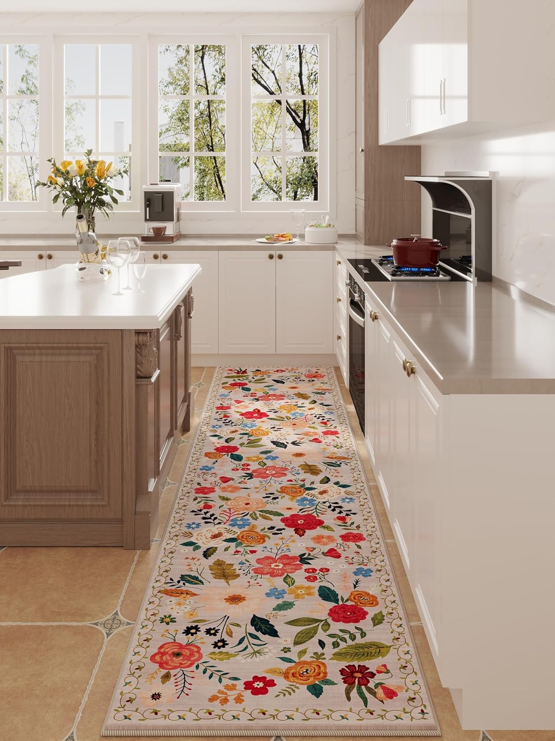 Runners for Hallways Kitchen Runner Rug Non Slip 2'x 10' Long Washable Rugs with Rubber Backing Soft Floral Carpet Runner for Hallways, Kitchen, Laundry, Bedroom, Bathroom(Beige)