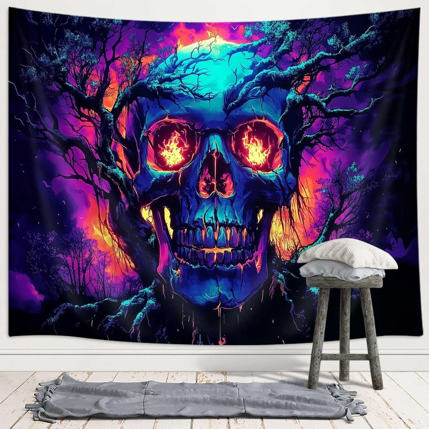 Xiaoput Blacklight Fire Skull Tapestry for Bedroom, Trippy UV Reactive Burning Skeleton Forest Wall Hanging Tapestries, Scary Dark Horror Glow in the Dark Tapestries for Living Room Home Dorm 90X70IN