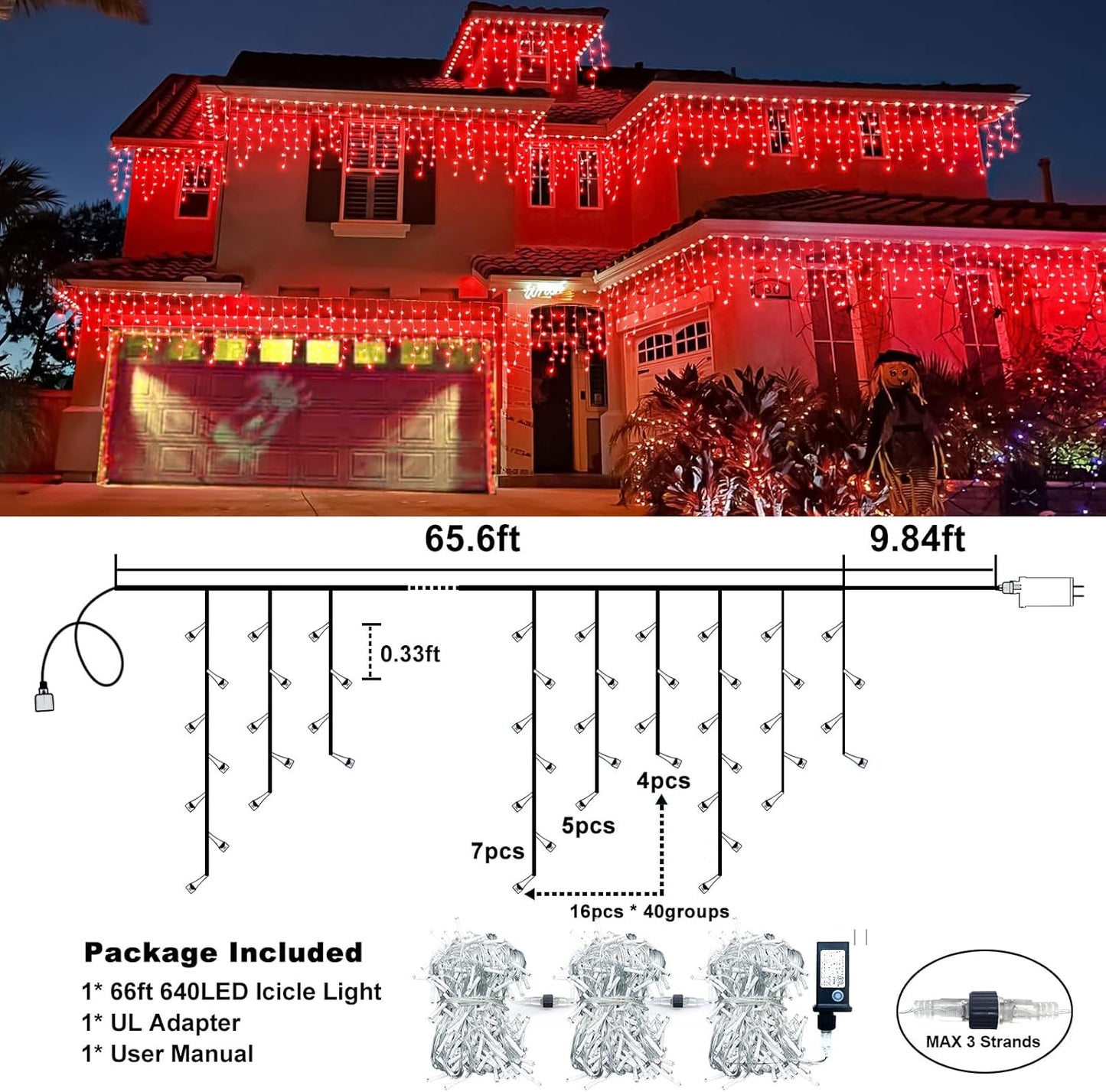 Christmas Icicle Lights Outdoor, 66FT 640 LED Icicle Lights for Outside with 8 Modes Timers, Waterproof Plug in String Light for House Yard Eave Patio Wedding Party Holiday Decorations, Red