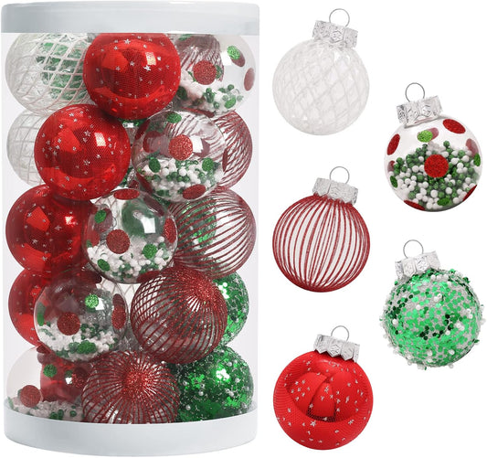 25PCS Christmas Ornaments Set, 2.36"/6CM Assorted Clear Plastic Shatterproof Ball Hanging Ornaments for Xmas Tree Decorations, for Indoor Home Holiday Decor - Red/Green/White.