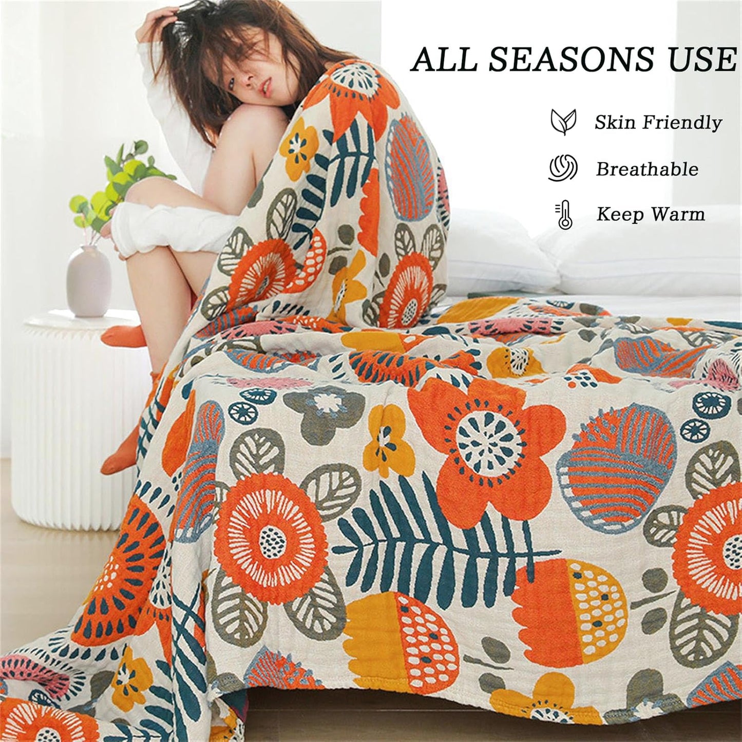 Throw Blanket Queen Size Summer Blanket for Couch Bed 80''x90'',100% Cotton Woven Muslin Blankets Travel Soft Warm Mexican Blanket Boho Quilt Home Decor for Women