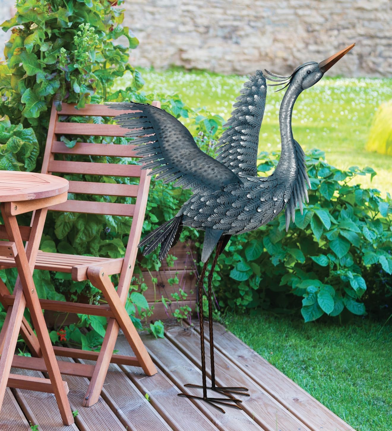 Regal Art & Gift Outdoor Garden Décor, Unique Bird Sculpture, Rustic Metal Bird Statues, Garden Ornaments, Bird Figurine for Lawn, Decorative Sculpture, Heron, Blue, Wings Up, 47"height