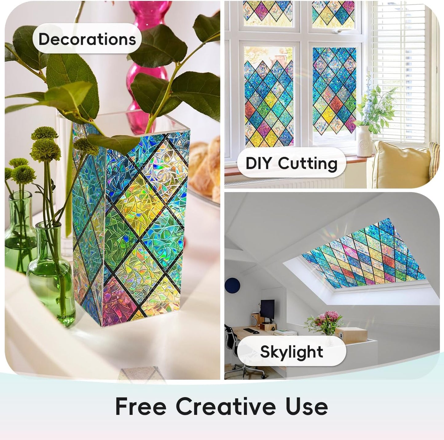 DUOFIRE Stained Glass Window Film Decorative Window Privacy Film Rainbow Diamond Grid Colorful Lattice Windows Cling Anti UV Static Cling Reusable Windows Decal for Home 11.8×39.3 inch