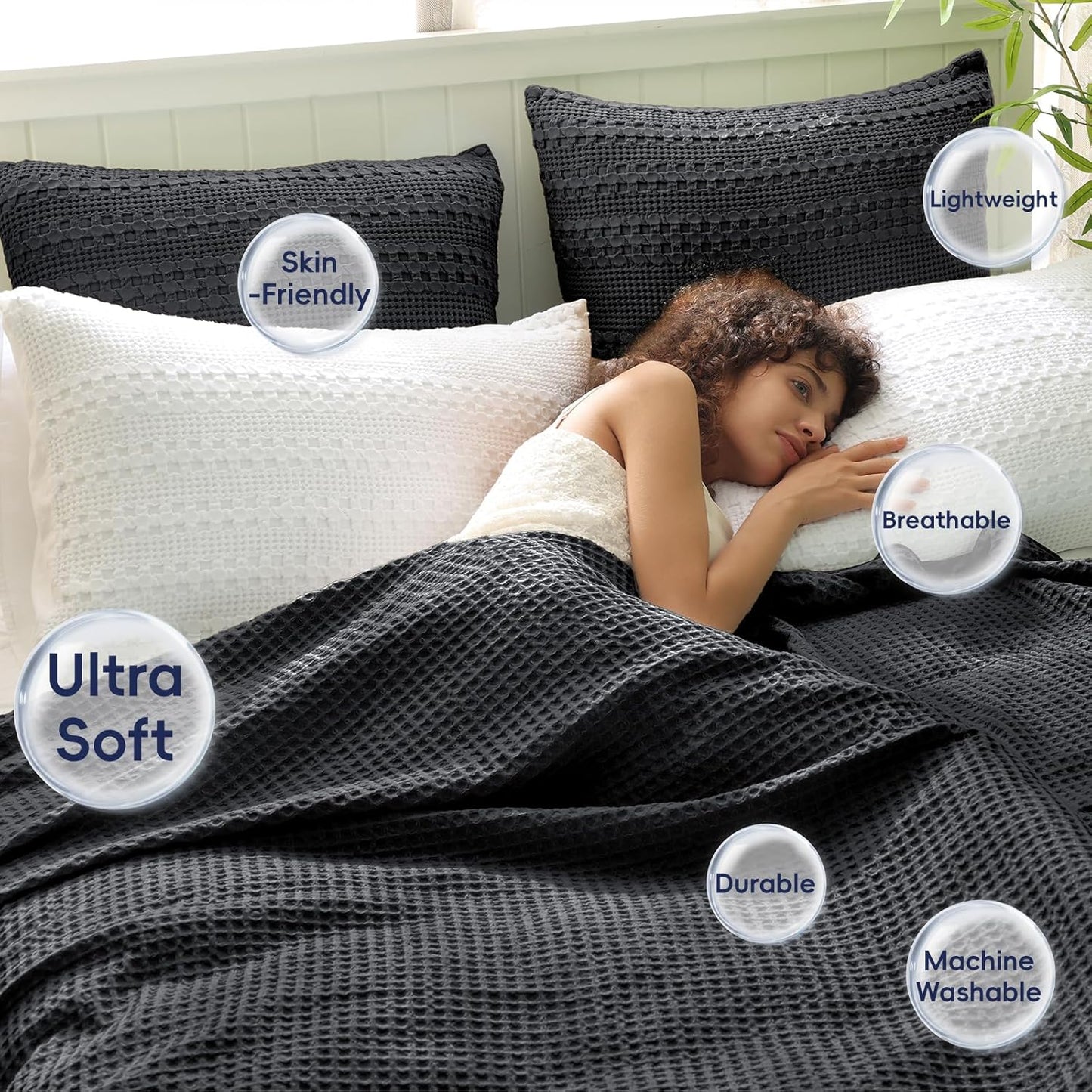 PHF Ultra Soft Waffle Weave Blanket King Size 104"x 90"- Washed Lightweight Breathablee Cozy Woven Blanket - Great for Couch Bed Sofa Home Car - Black