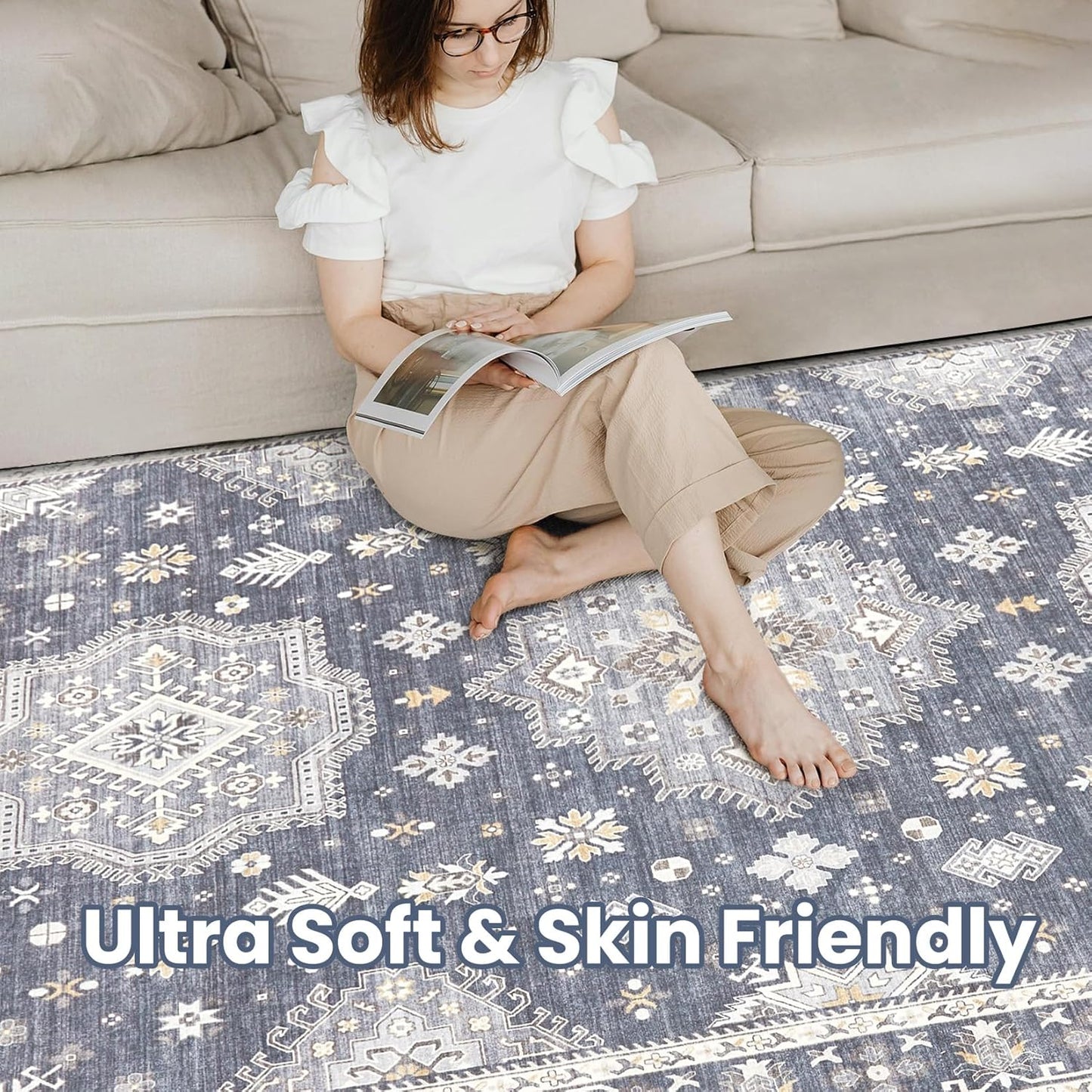 Washable Area Rugs for Living Room -9x12 Neutral Vintage Distressed Floral Farmhouse Boho Large Soft Floor Rug Indoor Non Slip Carpet for Living Room Bedroom Dining Room Office - Denim Blue/Grey