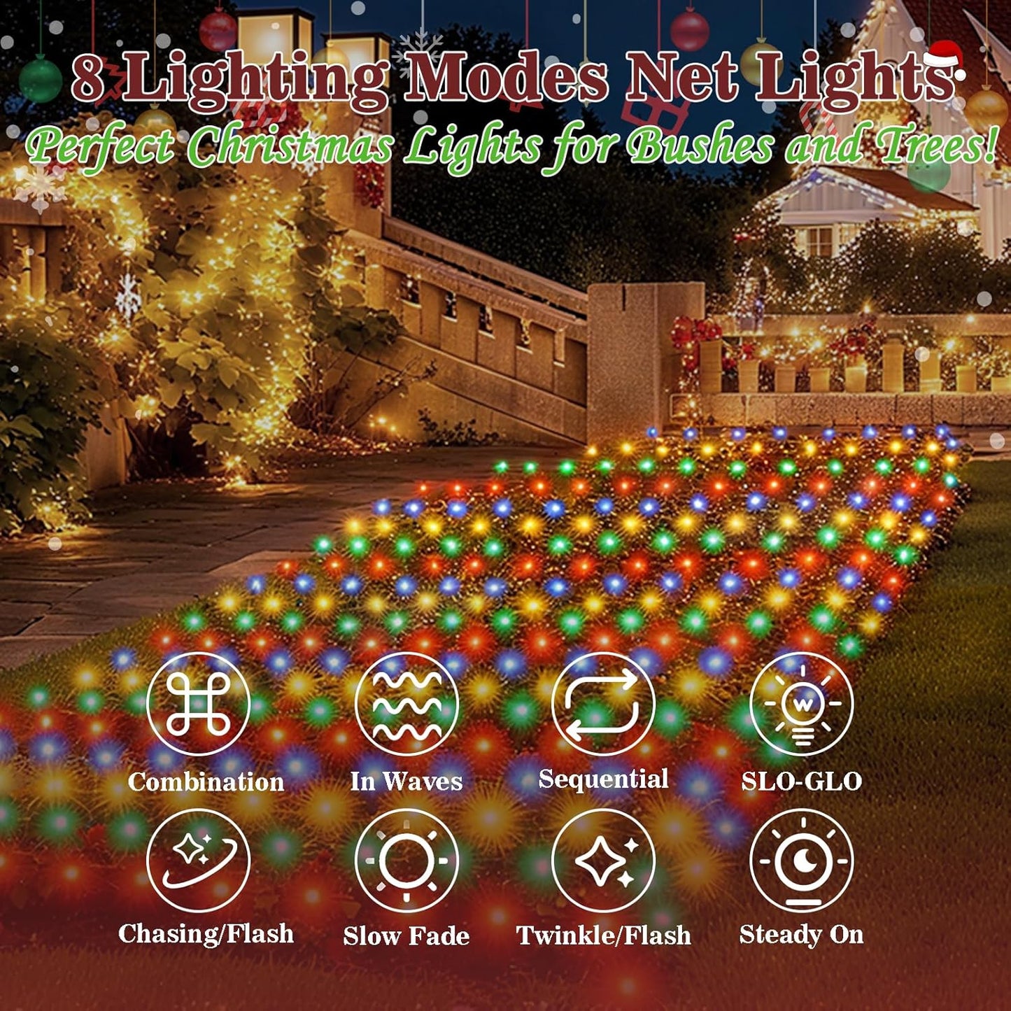 Christmas Net Lights 360 LED Outdoor 12FTx5FT Christmas Mesh Lights Connectable IP67 Waterproof Colorful Decorations Fairy String Light 8 Modes for Indoor Xmas Tree Bush Garden Decor Party-Multicolor