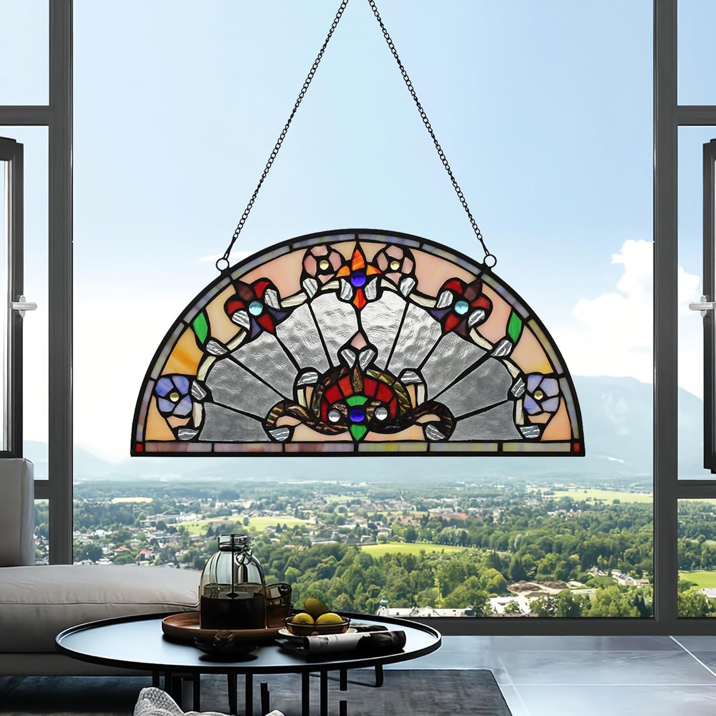 YOURANJU Half Moon Stained Glass Window Hanging Tiffany Style 16" x 8" Half-Round Window Panel Housewarming Gift Living Room Bedroom Kitchen Window Decorative Hangings with Chain (Baroque)