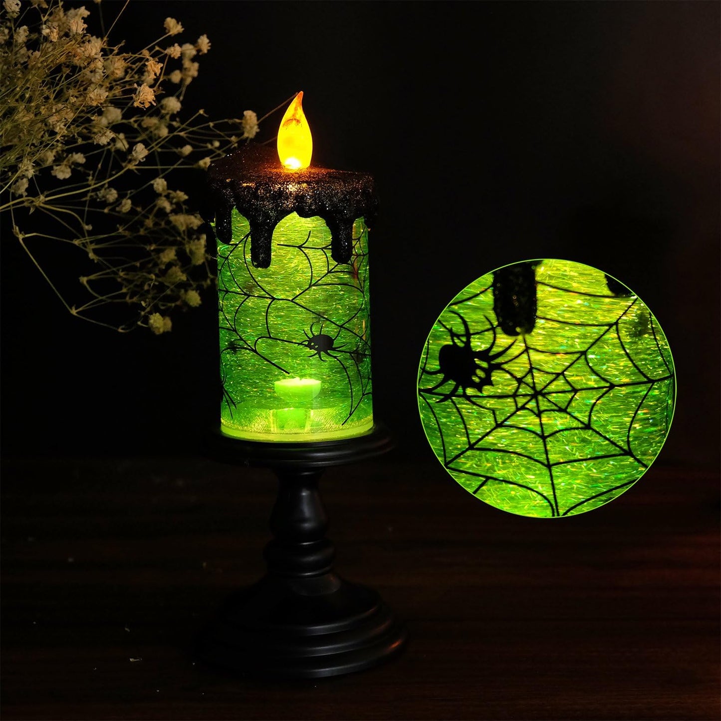 Eldnacele Halloween Snow Globe Candles Lighted Lamp, Battery Operated Spooky Spinning Water Glittering Tornado Candle Flameless Candles Table Centerpiece for Halloween Decoration Indoor(Spider)