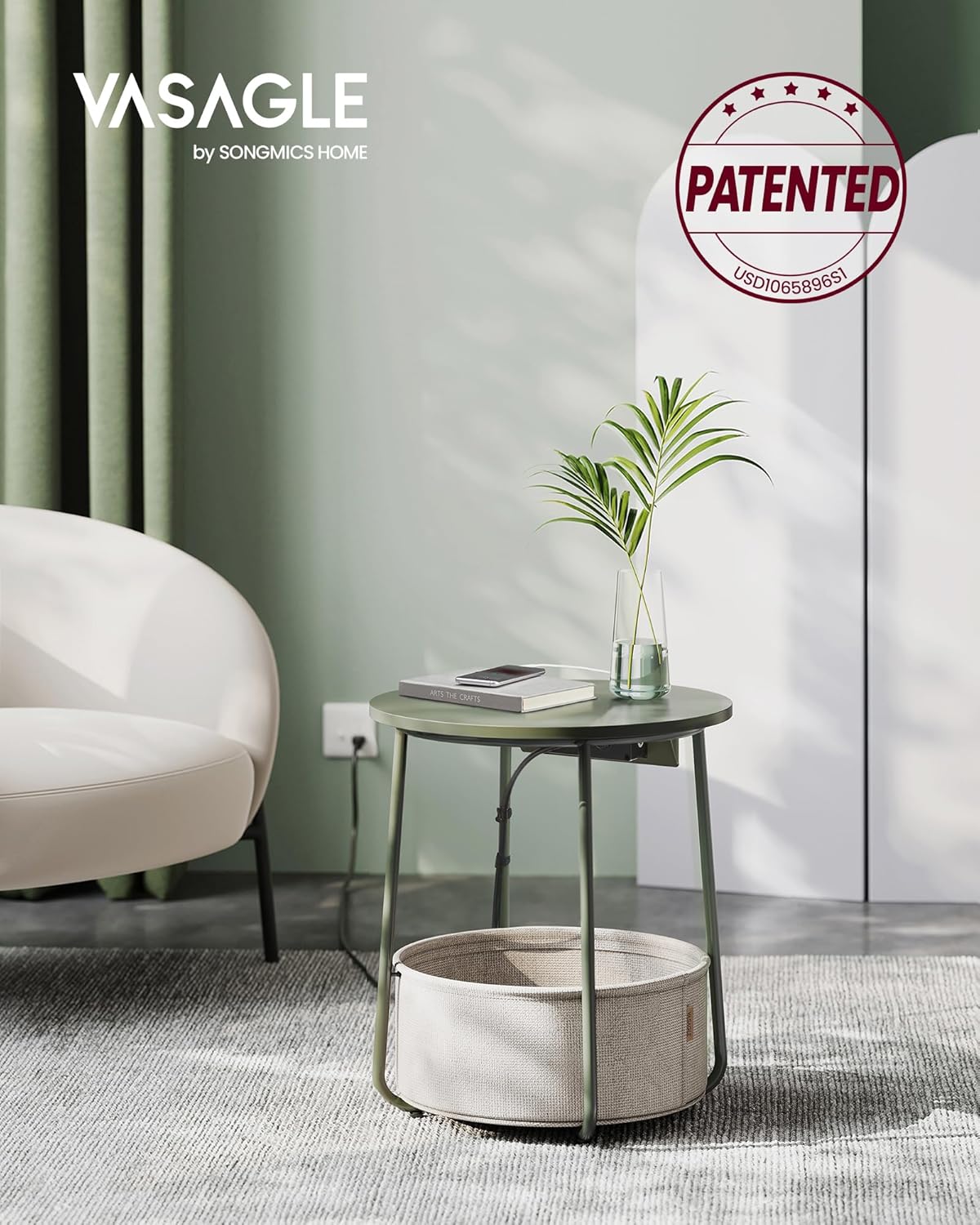VASAGLE Side Table with Charging Station, Round End Table with Fabric Basket, Nightstand with Power Outlets, USB Ports, for Living Room, Bedroom, Modern, Forest Green and Cream White ULET228C04