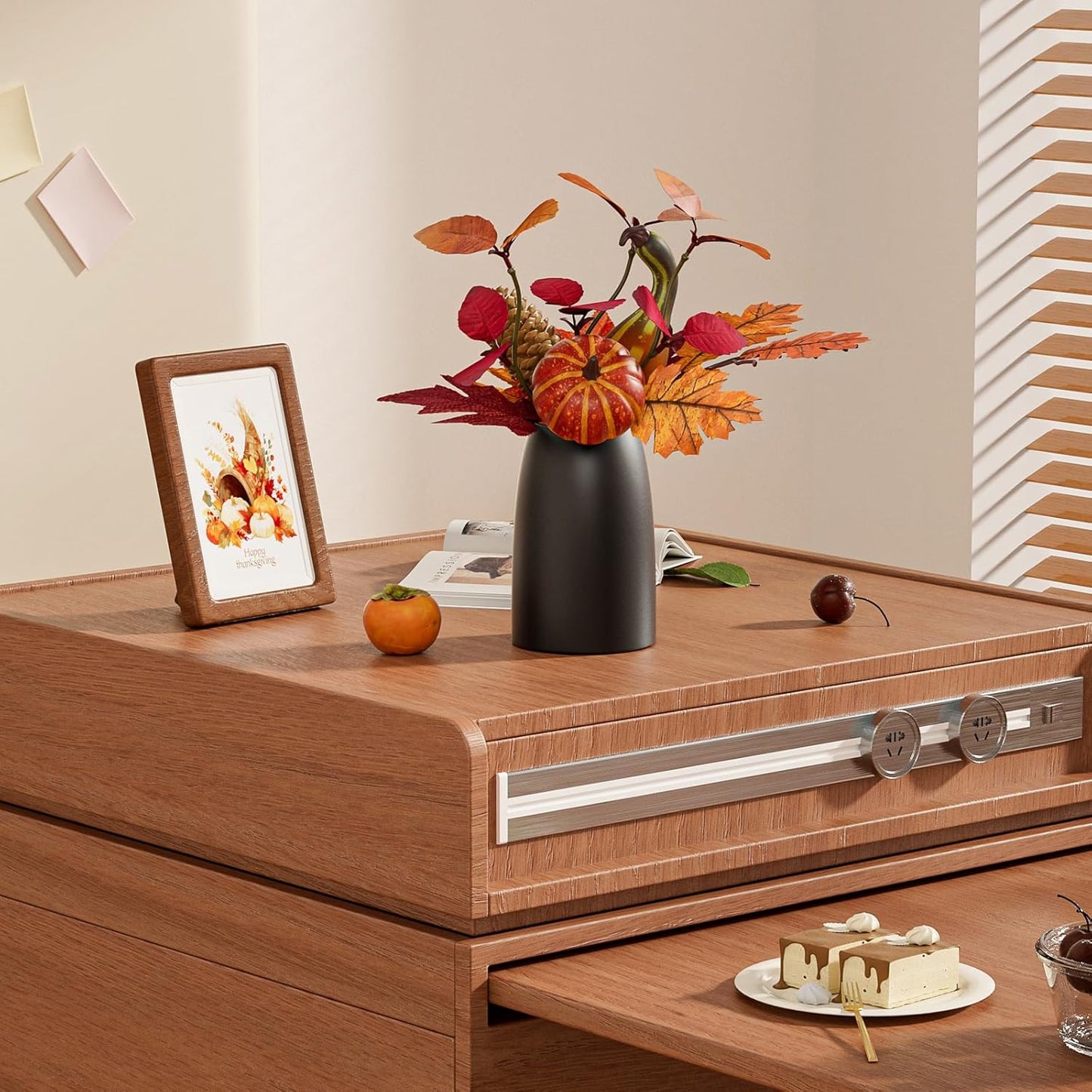 Autumn Artificial Potted Plant Decorations, Maple Leaves, Pinecones, Pumpkins with Black Ceramic Vase for Home,Thankgiving Table Decoration