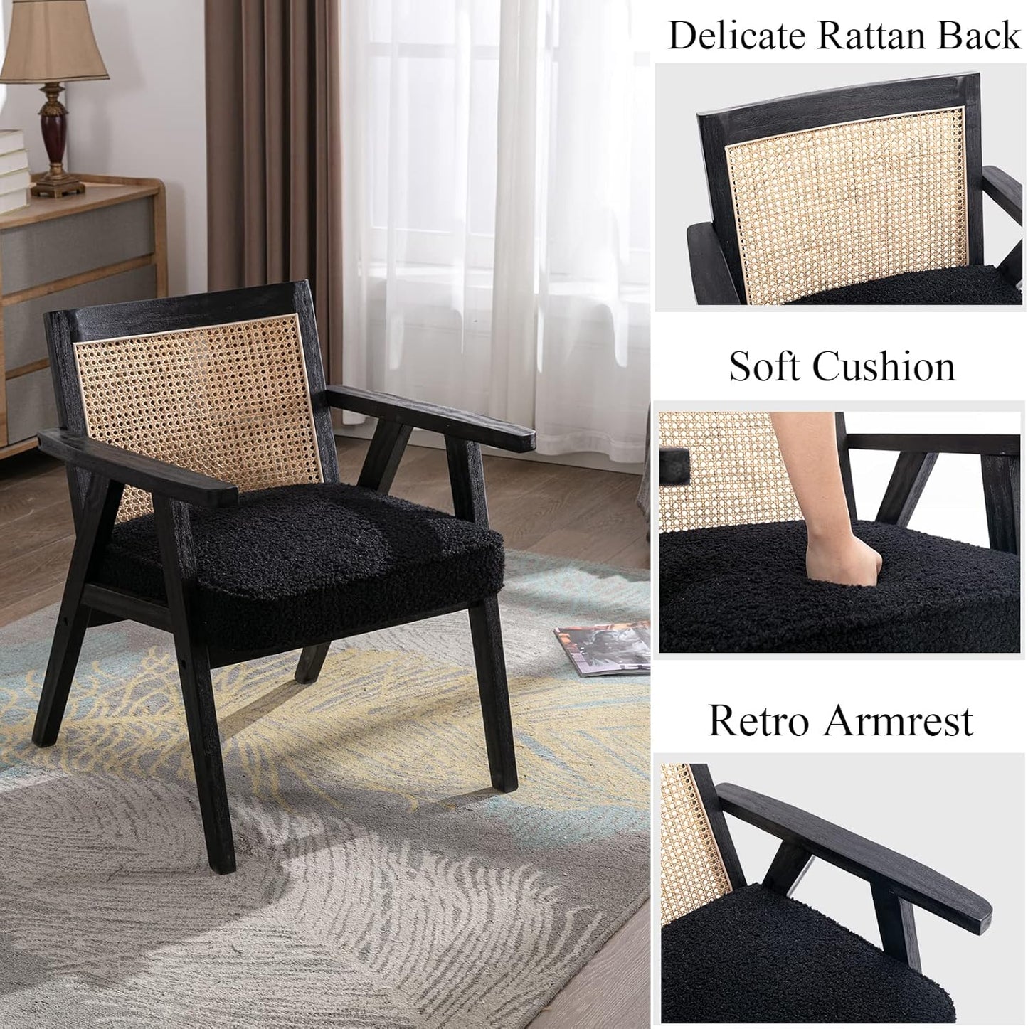 Accent Rattan Chairs Set of 2, Faux Fur Upholstered Living Room Chairs with Cane Back, Retro Mid Century Modern Cane Chair Armchair for Reception Reading Indoor Outdoor, Black