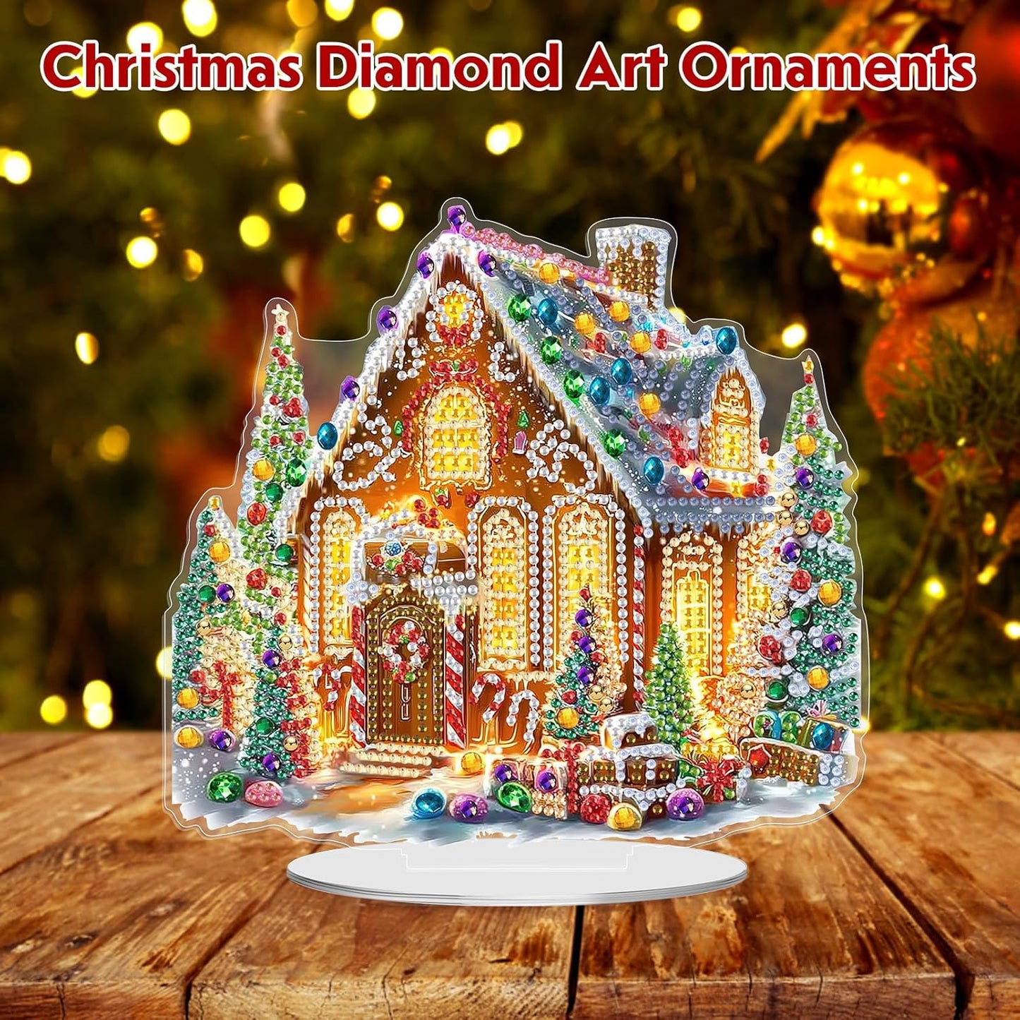 MEIYUDA Christmas Diamond Art Tabletop Kits, Christmas House Diamond Art Painting Desktop Ornaments for Adult, DIY Special Shaped Crystal Desk Placement Ornament for Home Office Decor Crafts Gift