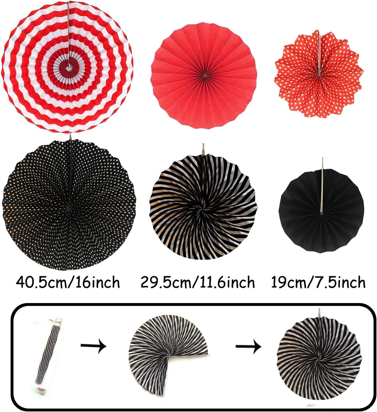 ZERODECO Party Decoration, 21 Pcs Black and Red Hanging Paper Fans Pom Poms Flowers, Garlands String Polka Dot and Triangle Bunting Flags for Minnie Mouse Birthday Parties Baby Showers Wedding