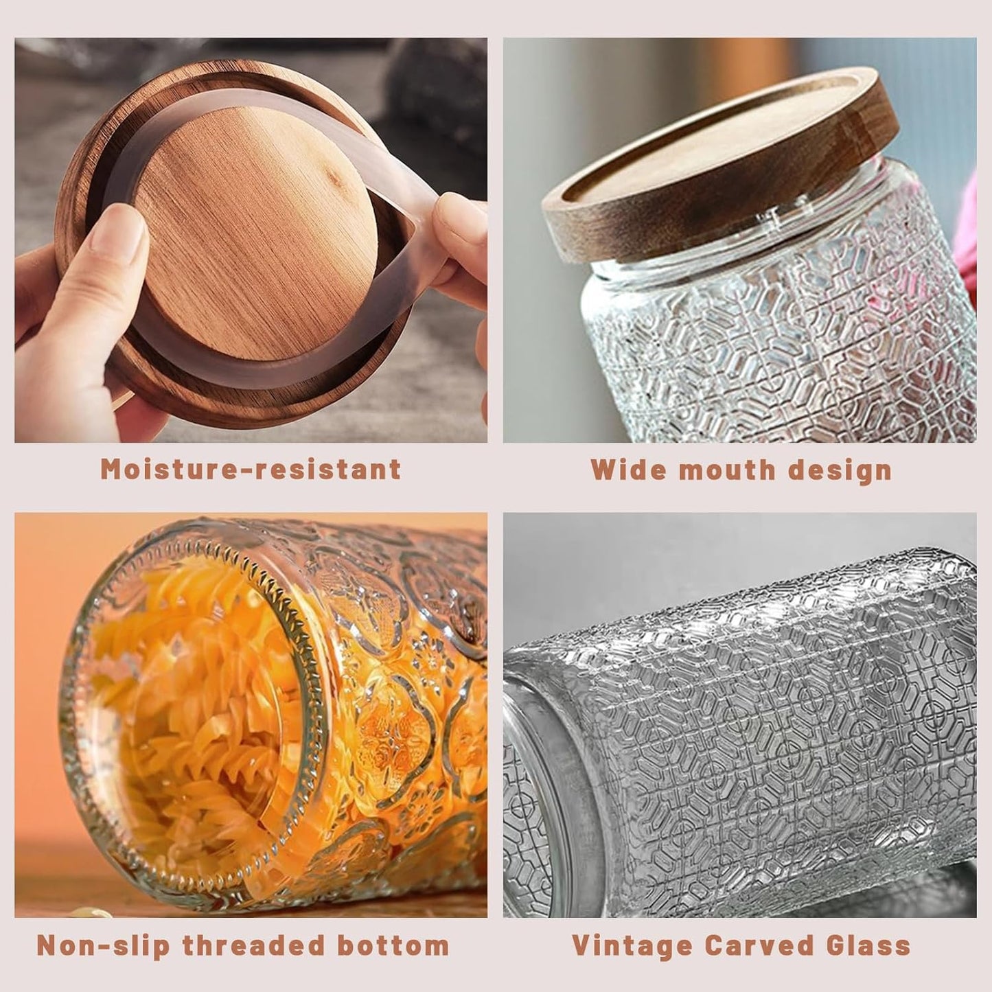 Vintage Glass Jars with Wooden Lids, 34 oz Airtight Glass Food Storage Containers Sets for the Kitchen, Sugar Candy Coffee Cookie Tea Spice Pasta