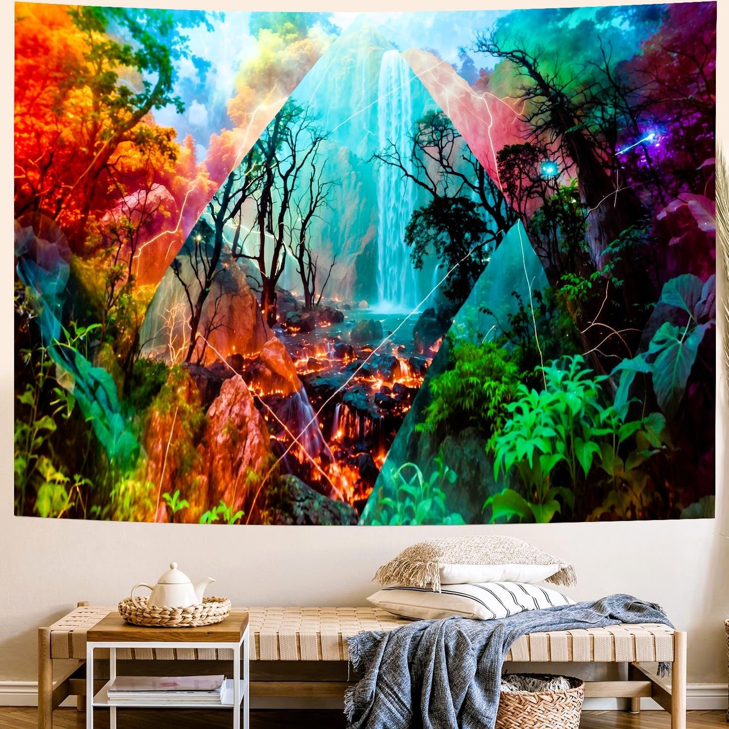 Delur Forest Tapestry Waterfall Mountain Rainforest Sunset Nature Tree Tapestry Wall Hanging Scenic Tropical Landscape Natural Sunrise Headboard for Bedroom Living Room Home Decor (70.8" x 92.5")
