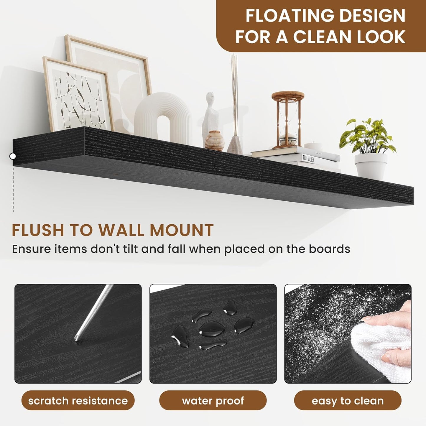 fuqing Floating Shelves for Wall, Bathroom Shelf Wall Mounted for Storage, Shelves with Invisible Bracket for Bedroom, Kitchen, Living Room, Farmhouse Small Book Shelf, 48 Inch Set of 2, Black