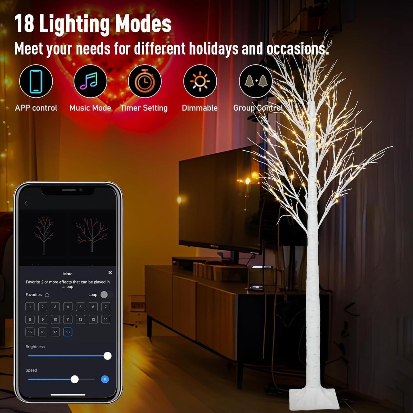 Smart Lighted Birch Twig Tree with Fairy Lights, APP Conrol, 6FT 120 Warm White LEDs, 18 Modes, Dimmable, Schedule, Music Sync Waterproof for Indoor Outdoor Home Christmas Holiday Decorations