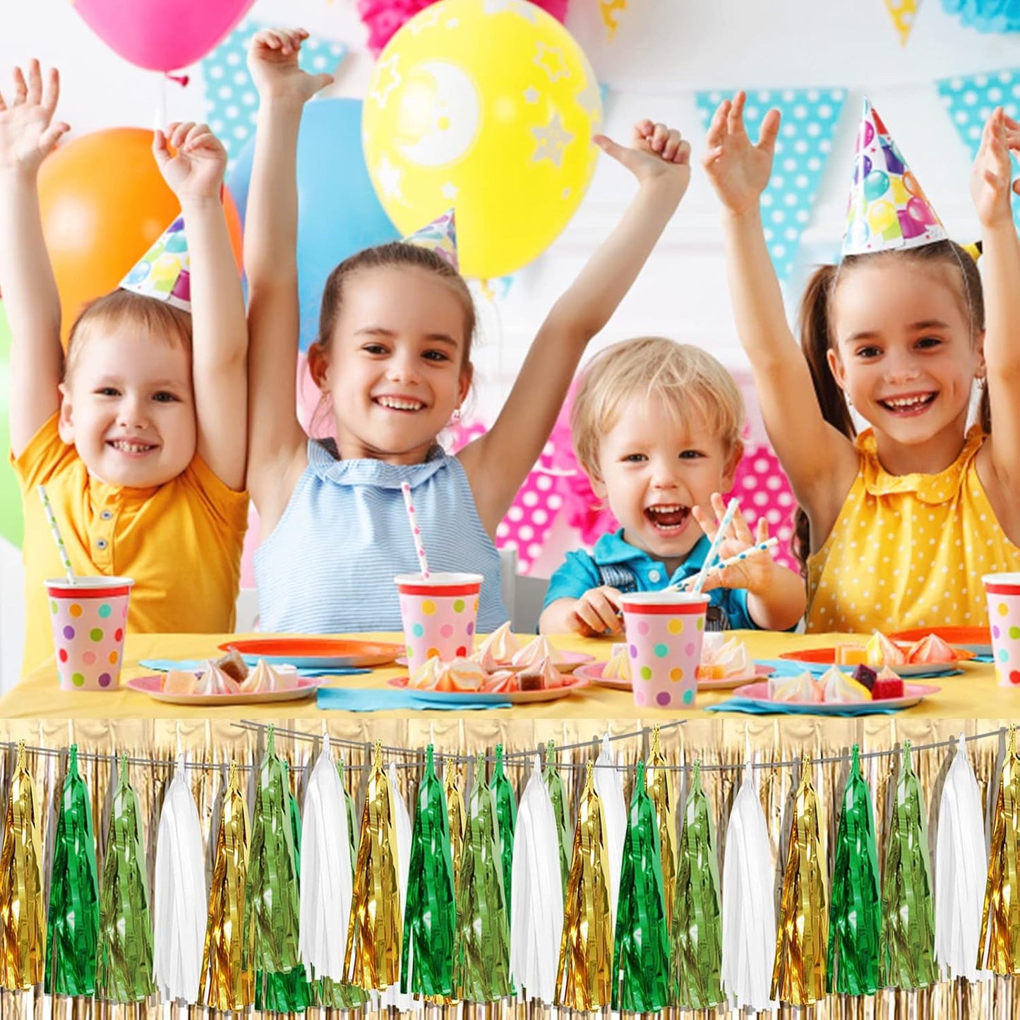 4P Sage-Green Beige-Mint Gold Foil Fringe Metallic Tassel Garland Banner, Tassels Banner Streamers for Parade Floats, Bachelorette, Wedding, Birthday, Christmas, Bridal/Baby Shower Party Decorations