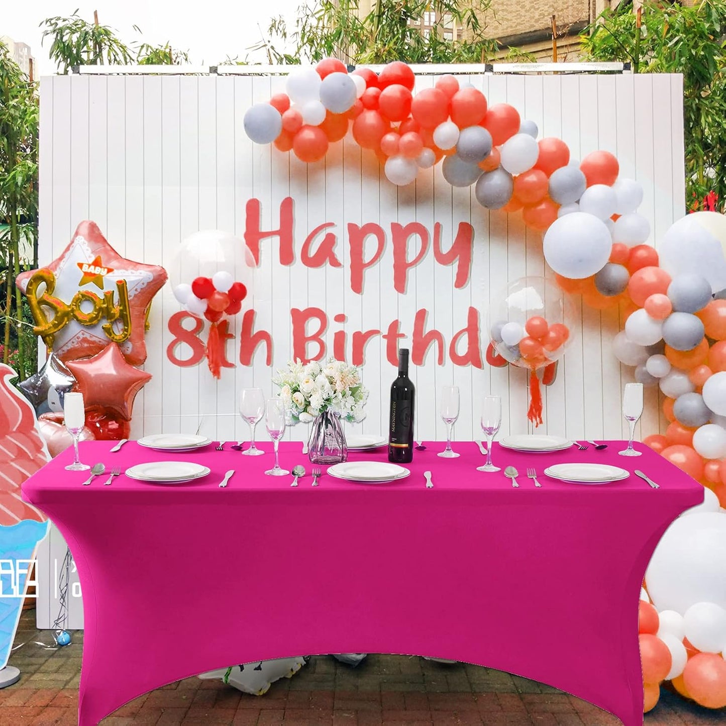 SuperO Waterproof Spandex Table Cover for 8FT Table Universal Fitted Stretch Tablecloth for Party, Banquet, Wedding and Events-Fuchsia