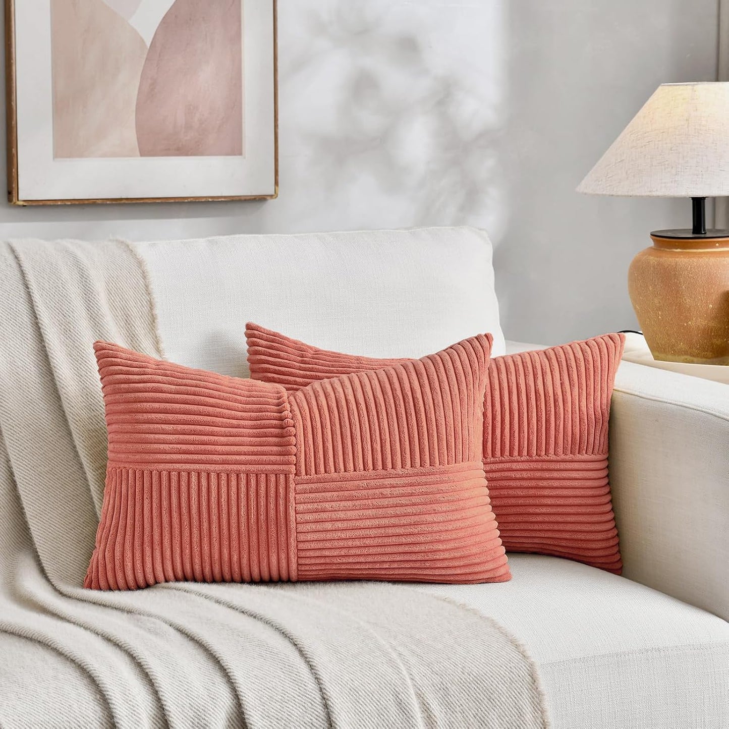 Fancy Homi 2 Packs Coral Lumbar Decorative Throw Pillow Covers 12x20 Inch for Living Room Couch, Rustic Farmhouse Boho Home Decor, Soft Striped Corduroy Rectangle Accent Peach Cushion Case 30x50 cm