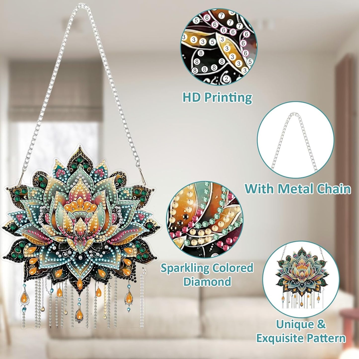 SENQAO Lotus Diamond Art Hanging Kit for Adult, Special Shaped Rhinestone, Double Sided DIY Acrylic Diamond Art Painting Window Pendants Home Garden Wall Hanging Kits Hanging Ornament