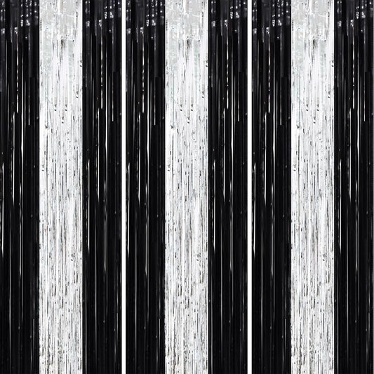 3 Pack 3.3 x 8.2 ft Black and Silver Foil Fringe Backdrop Curtains, Tinsel Streamers Party Decorations, Fringe Backdrop