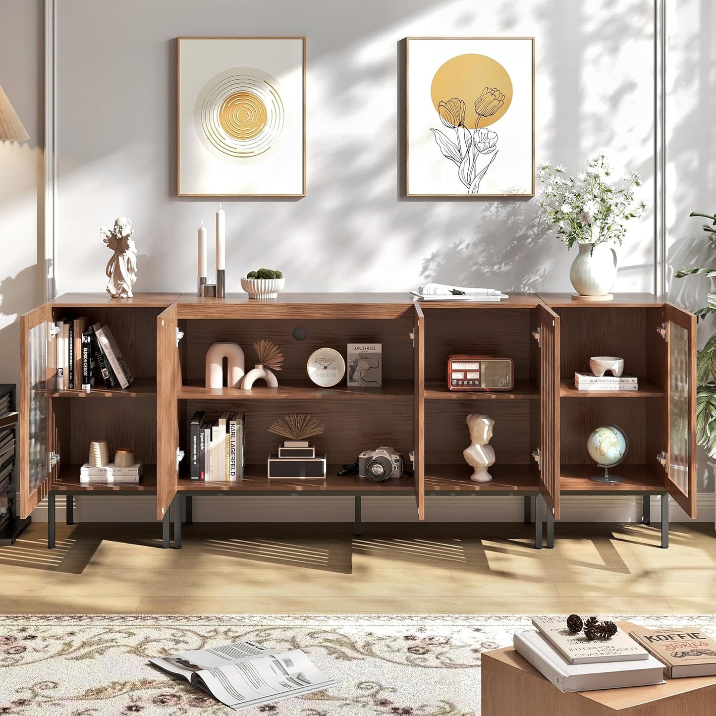 Farmhouse TV Stand for TVs up to 85 Inch, Entertainment Center TV Console with Storage Cabinets and Glass Doors,Media Console for Living Room, Brown