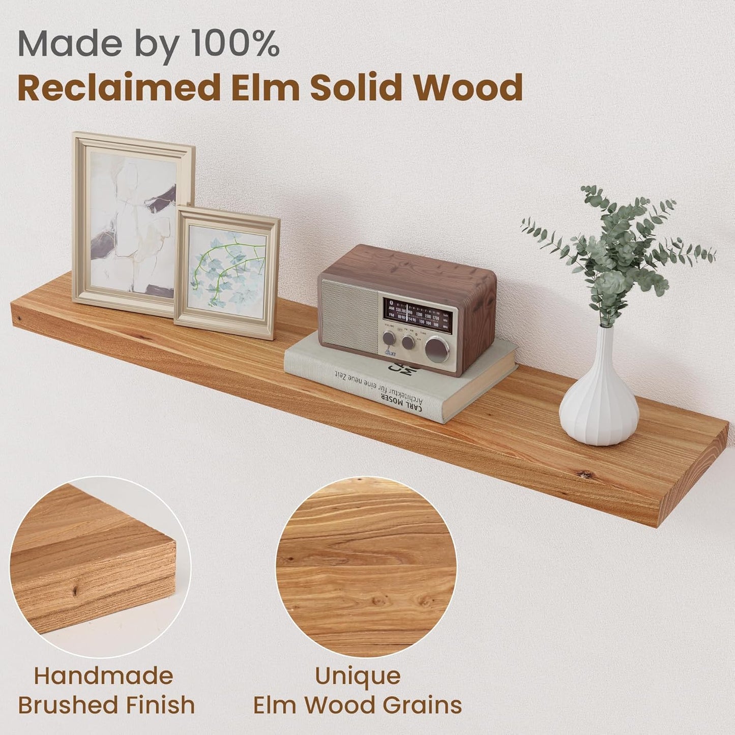 Floating Shelves for Wall Decor, 8" Deep Rustic Solid Elm Wood Floating Shelves Wall Mounted, Wall Shelves with Invisible Bracket for Living Room Bathroom Bedroom Kitchen, 36 Inch Set of 2, Natural