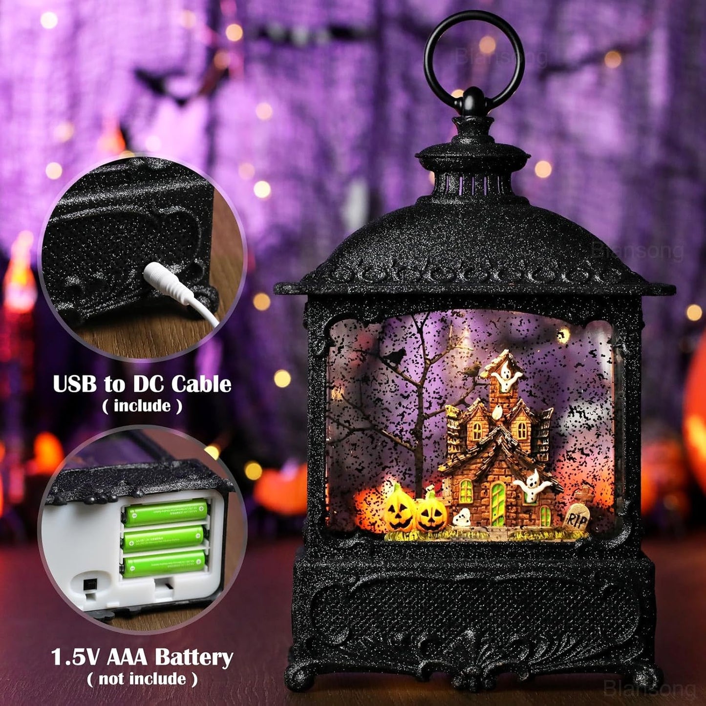 Halloween Snow Globe Lantern Ghost Snow Globe Halloween Decorations for Home Haunted House Pumpkin Ghost Tree Crow Rip Dancing Bats with Timer, USB and Battery Powered 12 inch