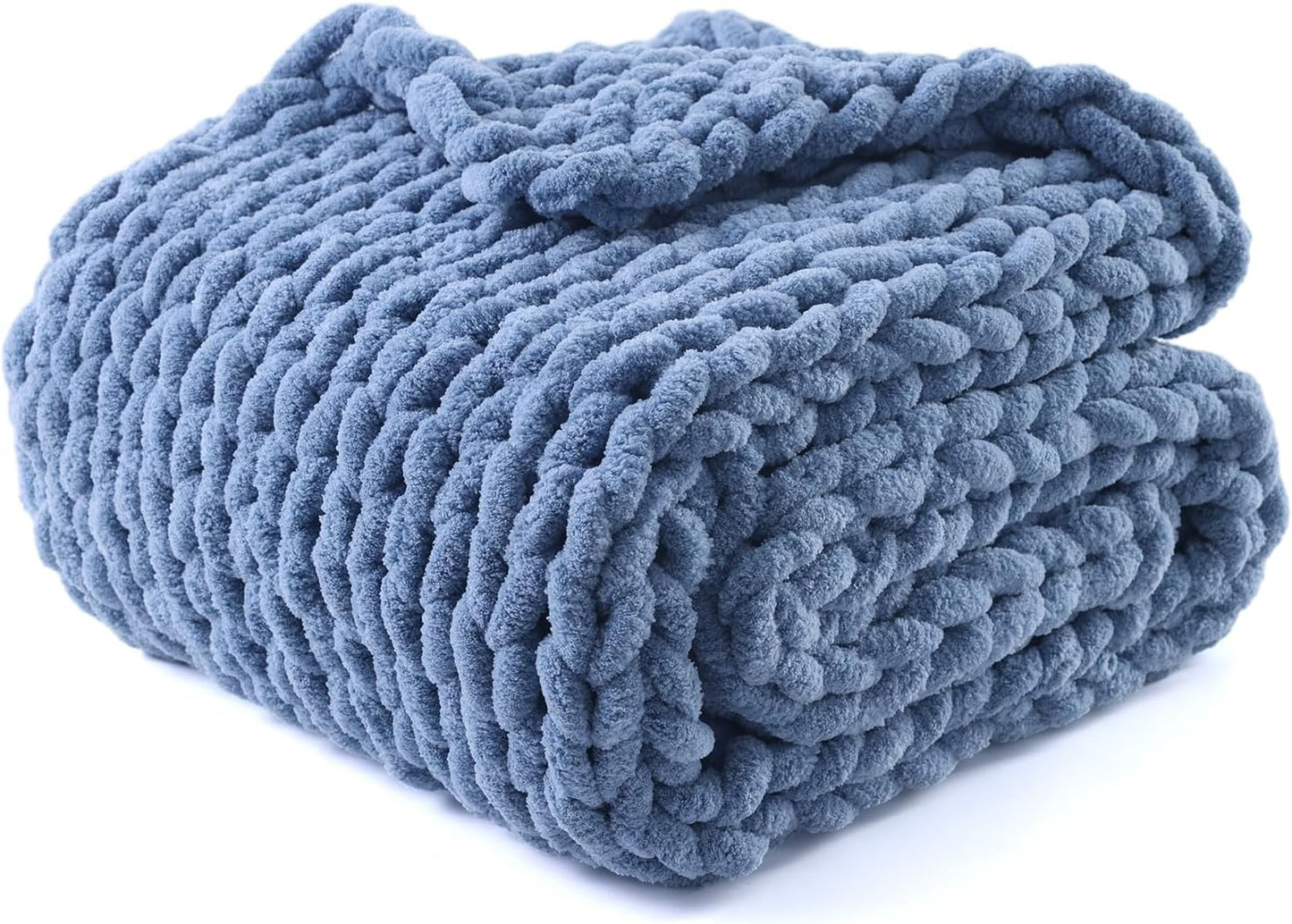 YnM Chunky Throw Blanket, Medium-Weight, Hand Knitted with Chenille Yarn, Skin Friendly, Ventilated and Breathable, Machine Washable, Home Décor Piece for Couch Sofa and Bed (Chambray Blue 30x40 Inch)
