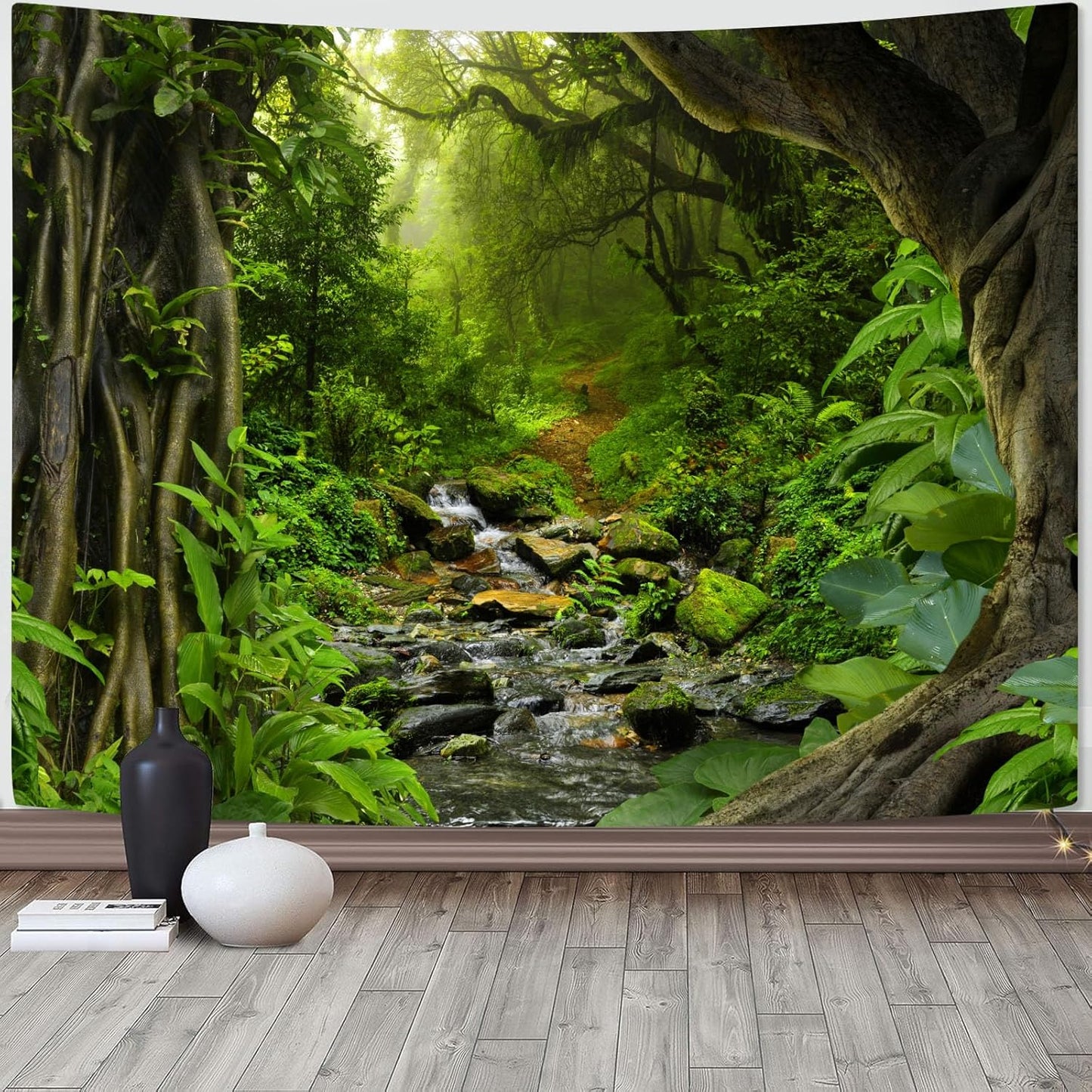 AMM Green Rainforest Tapestry Nature Forest Tapestry for Bedroom Aesthetic Misty Tropical Jungle Trees Flowing Stream Landscape Tapestries Wall Hanging for Living Room Dorm 80 x 60 Inch