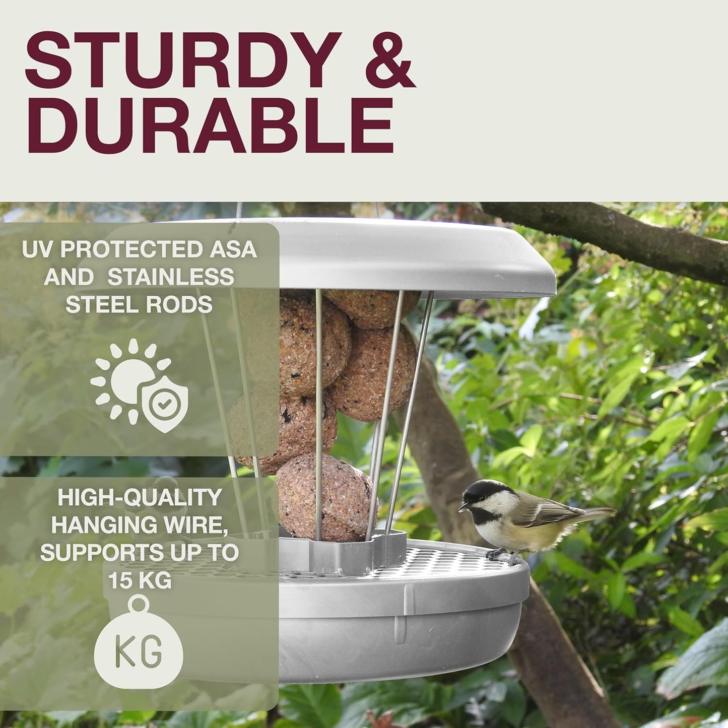 SWISSINNO No Mess Bird Feeder Lucerne Smart Birds for Fat Balls - Feed Birds, not mice & Rats! Robust & Reliable for Hanging - Light Grey