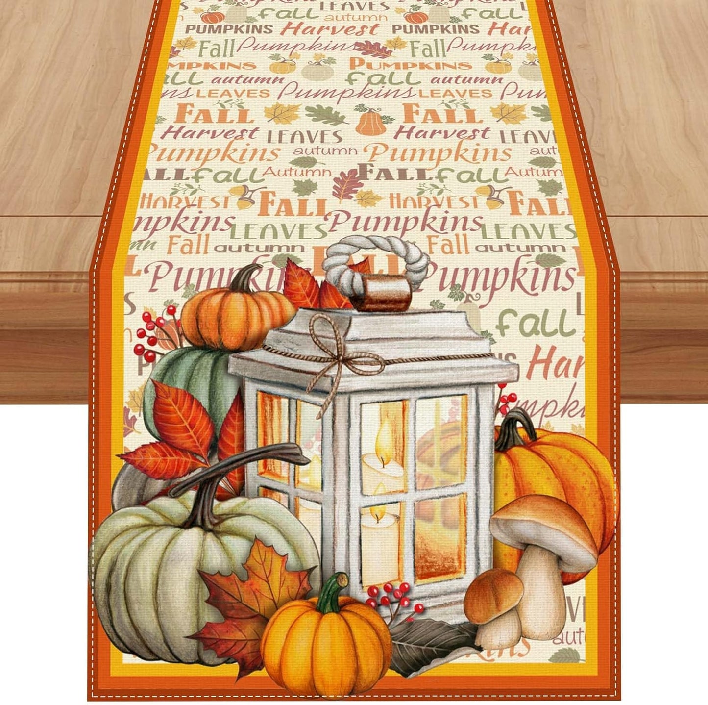 Linen Fall Table Runner - 120 Inch Farmhouse Leaves Pumpkin Table Decor - Autumn Thanksgiving Home Kitchen Dining Room Decorations