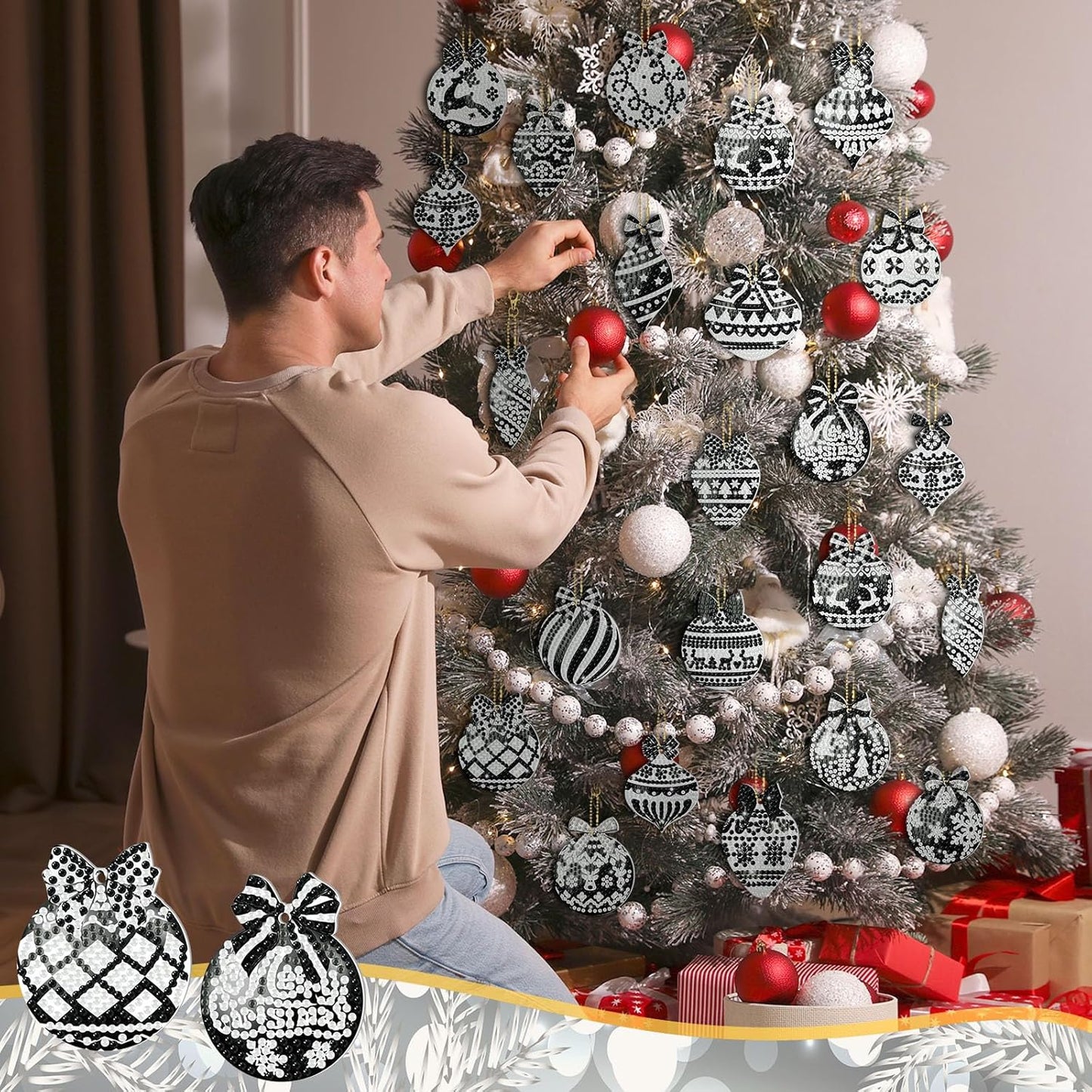 Tondiamo 20 Pcs Christmas Diamond Painting Keychain Kits 5D DIY Diamond Art Pendants Double Sided Hanging Key Chains for Christmas Party Decoration DIY (Black Style)