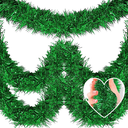 25 Feet Metallic Twist Tinsel Garland Backdrop for Parade Floats, Christmas Eve, New Year, Valentine's Day Party Decorations (Green, 4in x 25ft)