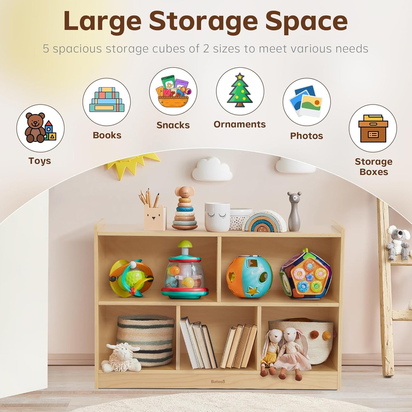 Toy Storage Organizer for Kids Room, Wooden Kids Bookshelf for Classroom, Cube Storage Organizer for Playroom, 5-Section Montessori Bookshelf & Toy Shelf for Nursery