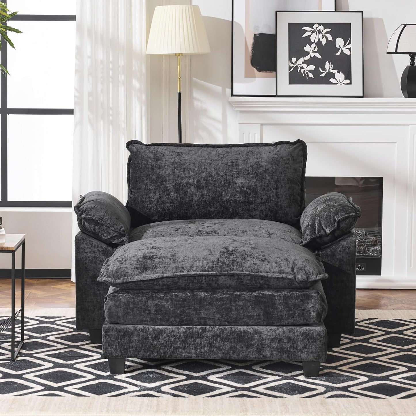 Karl home Oversized Accent Chair Chenille Sofa with Chaise, Modern Sofa Chair with Removable Ottoman Modular 1-Seater Couch and 2-Layer Ottoman for Living Room, Apartment, Studio, Black