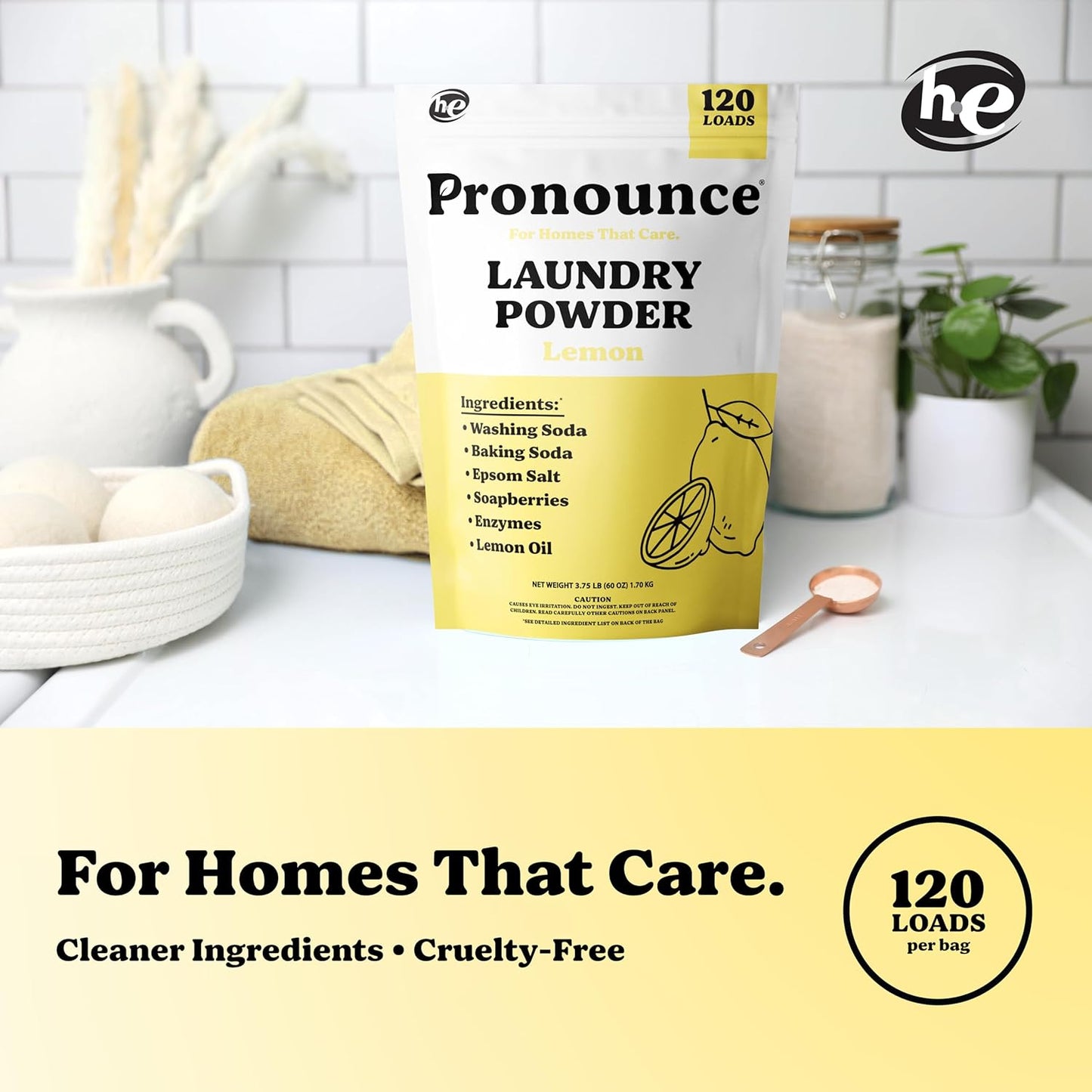 Pronounce Laundry Detergent Powder Alternative | Earth-Derived Ingredients, Eco-Friendly, Safer for Sensitive Skin, Eczema, and Babies. Stain + Smell Fighting. HE Safe (Lemon, 120 Loads).