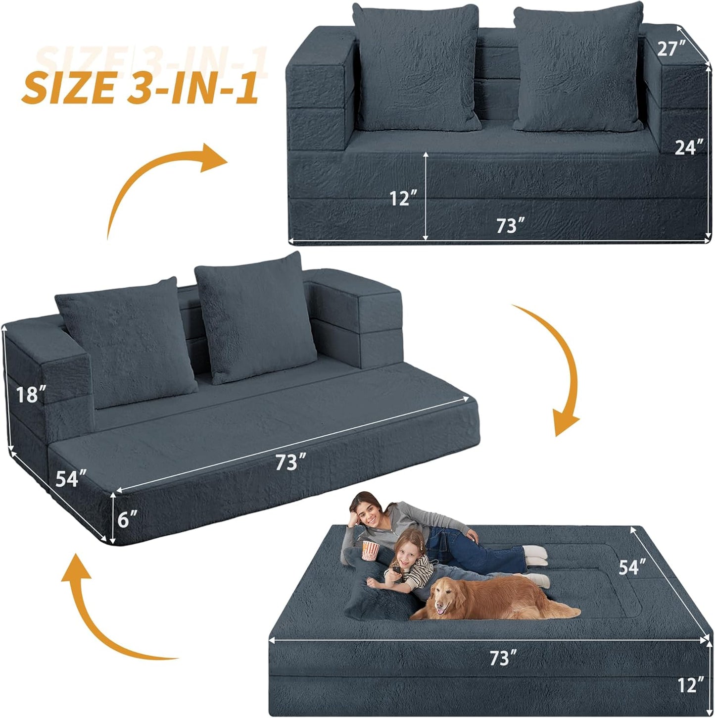 Folding Bean Bag Chair for Adults,3-in-1 Bean Bag Couch Faux Fur Floor Sofa Large Beanbag Convertible Bean Bag Sofa Bed with Pillow in Bedroom,Living Room,Apartment(Queen,Dark Grey)