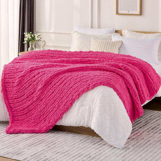 L'AGRATY Chunky Knit Blanket Throw: 60''x80'' Chenille Chunky Knitted Throw Blanket for Bed Couch - Handmade Thick Big Cable Knit Blanket - Large Crochet Rope Blanket for Home Decor(Hot Pink)