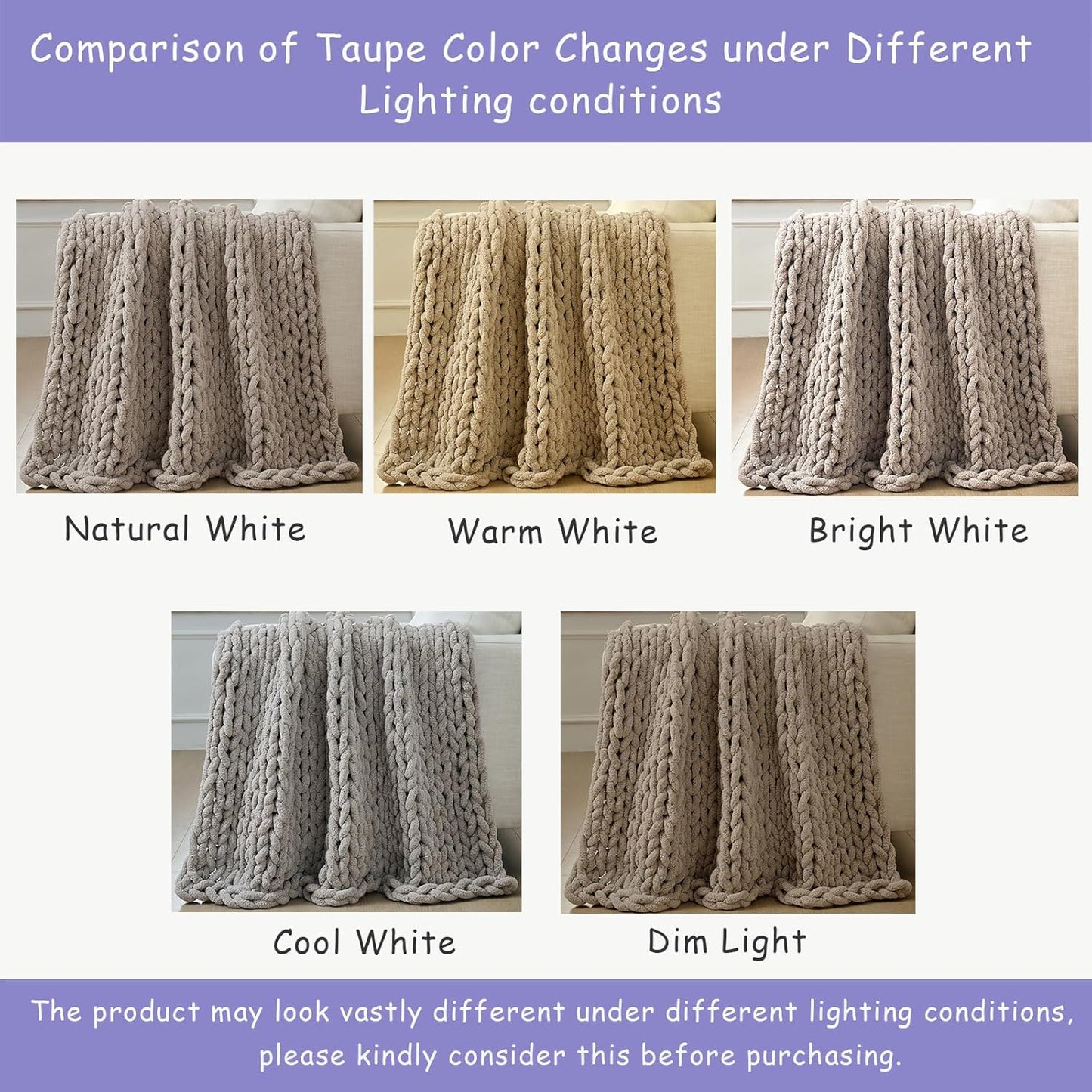 Bigacogo Chunky Knit Throw Blanket for Couch, 51x63 inches, 100% Hand Knitted with Thick Jumbo Chenille Yarn, Cozy Soft Large Rope Knot Cable Crochet Blankets for Sofa Bed Living Room, Taupe