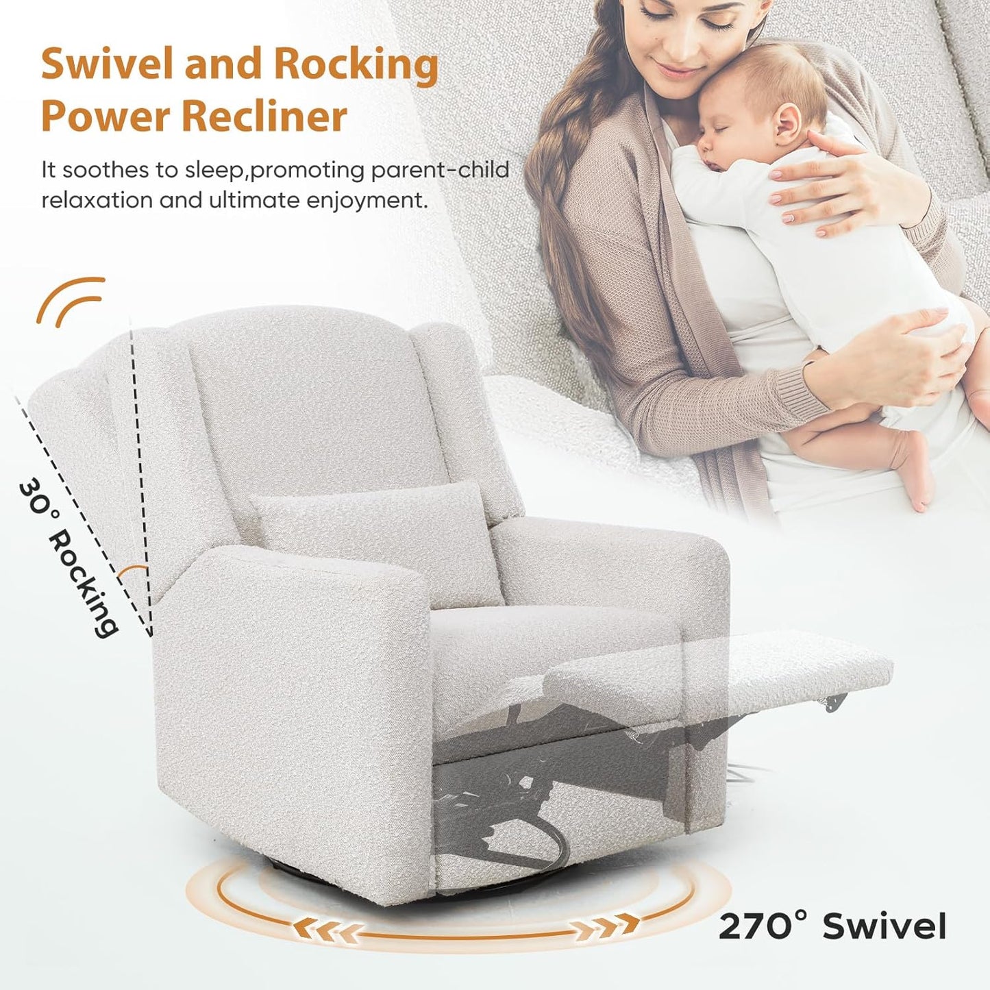 Power Recliner Chair Swivel Glider, Large Rocker Recliner w/USB Charging Port, Boucle Upholstered Swivel Rocker Glider Recliner for Nursery,Bedroom,Living Room, 1PC, Cream