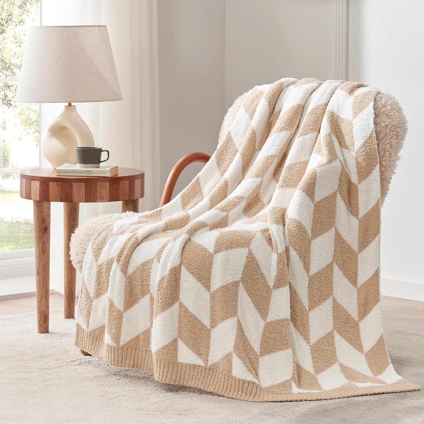 Snuggle Sac Chevron Throw Blanket for Couch, Reversible Super Soft Warm Blankets Cozy Knit Fuzzy Plush Lightweight Throws for Sofa, Bed, Camping, Beige,50x60 inches